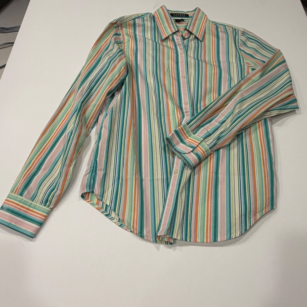 Lauren Ralph Lauren Women's S Rainbow Stripe Shirt Coastal Preppy Button Up